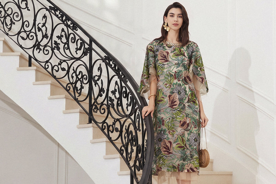 richradiqs floral midi dress staircase look