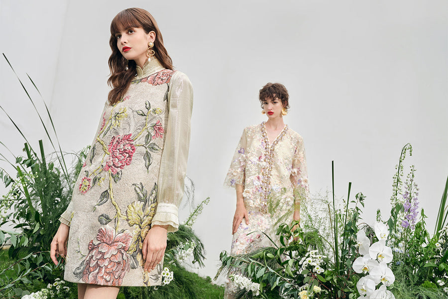 Floral embroidered mini dress in garden photoshoot, women’s luxury fashion dress