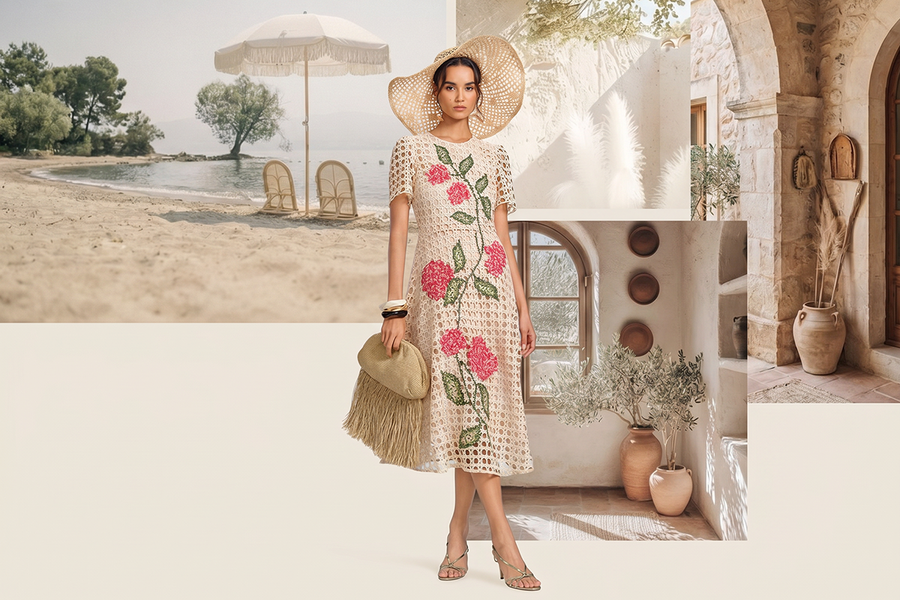 richradiqs embroidered resort midi dress in beach vacation scene