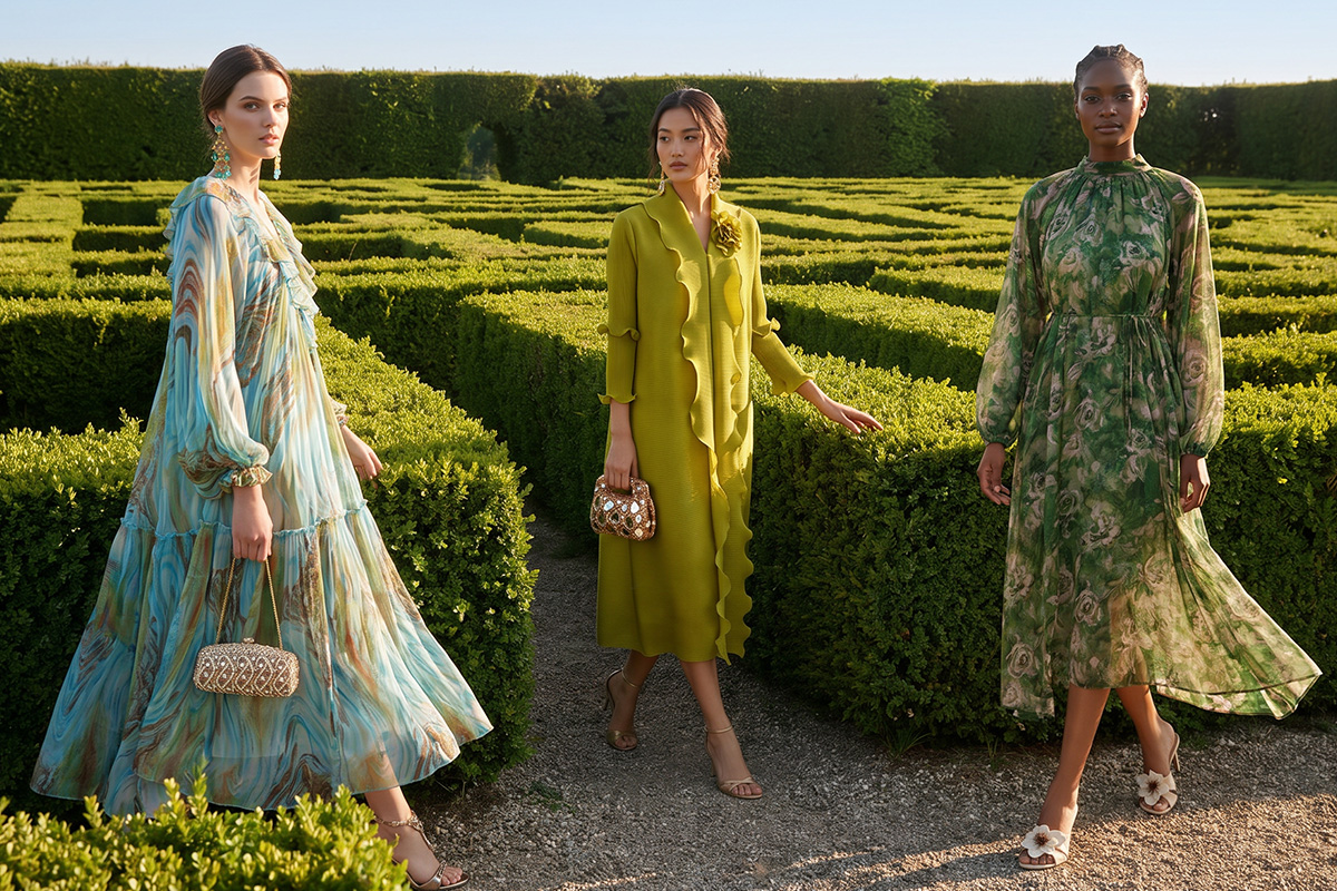 Spring wedding guest dresses in a garden