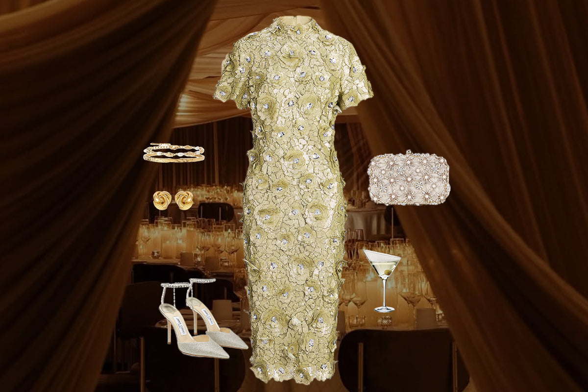 Gold embellished cocktail dress styled with heels, jewelry, and an evening clutch