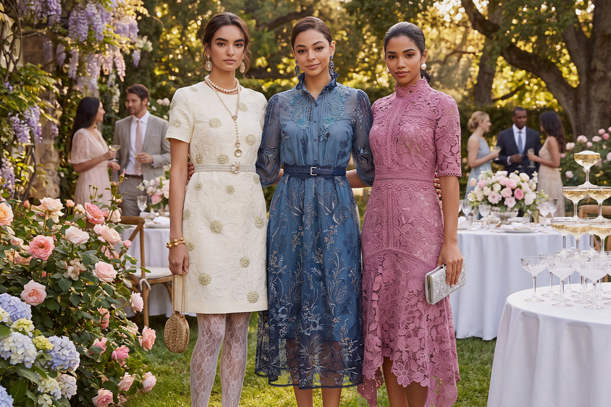 Women in floral dresses at a garden wedding