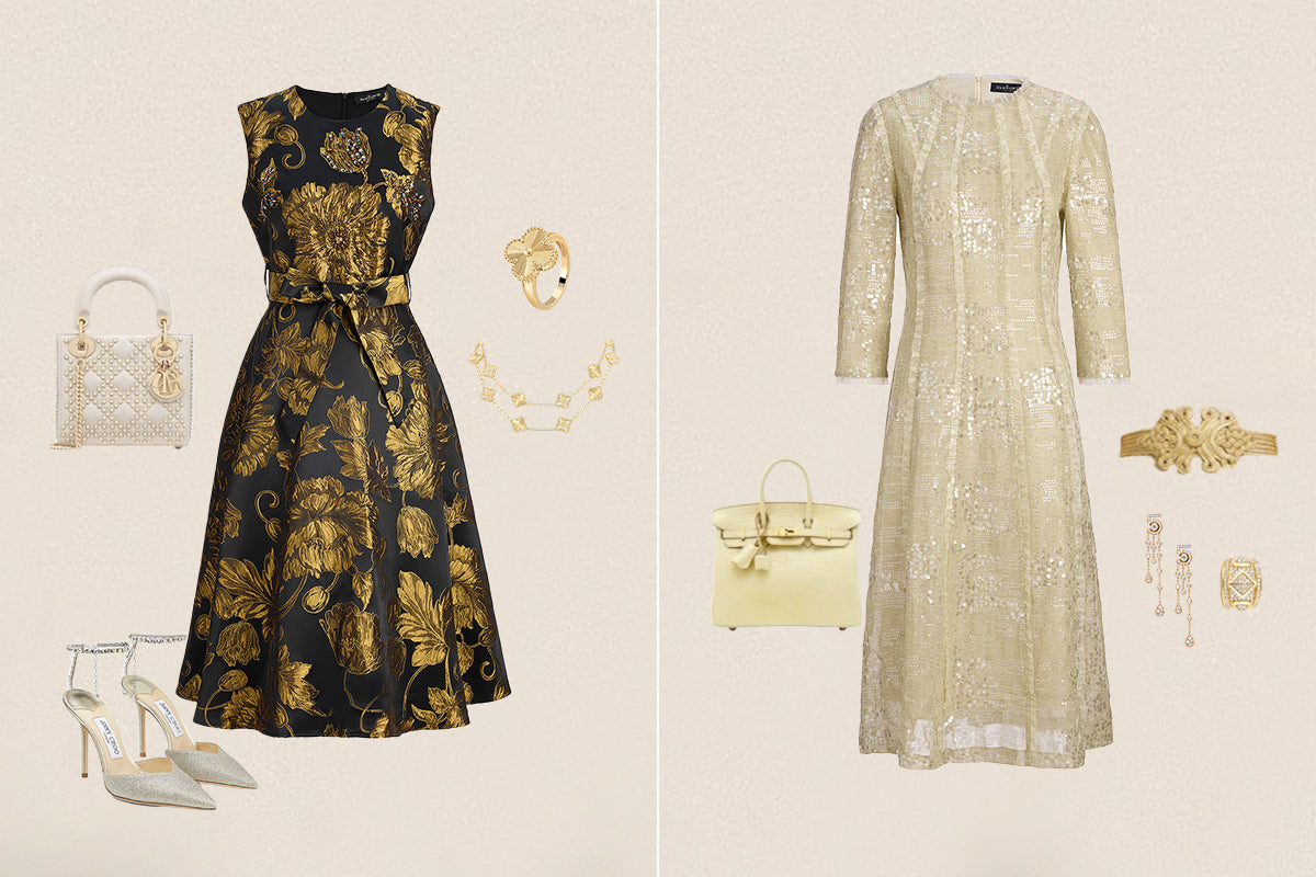 Black floral midi dress and cream sequin dress styled with heels, handbags, and jewelry