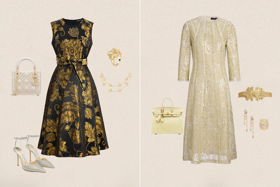 Black floral midi dress and cream sequin dress styled with heels, handbags, and jewelry