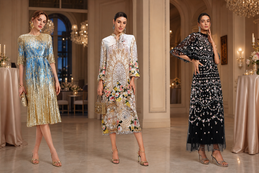 Women wearing short knee-length midi and long cocktail dresses for comparison