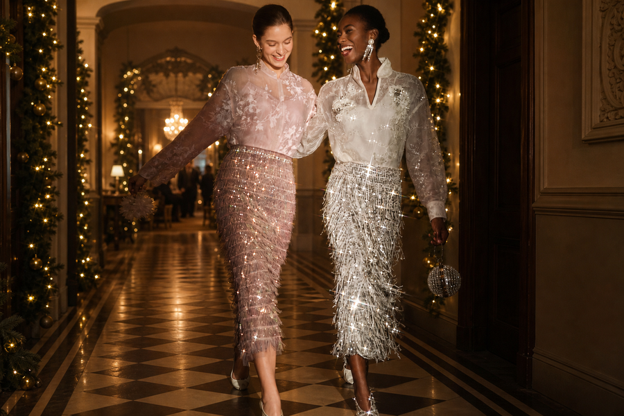 Woman wearing an elegant dress for a festive Christmas party