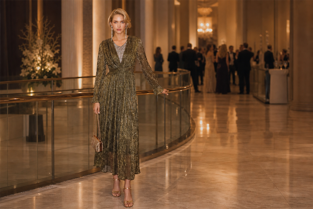 Woman accessorizing an evening dress with balanced jewelry and a clutch