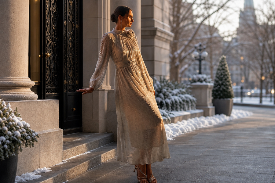 Woman wearing a maxi dress with warm winter layers