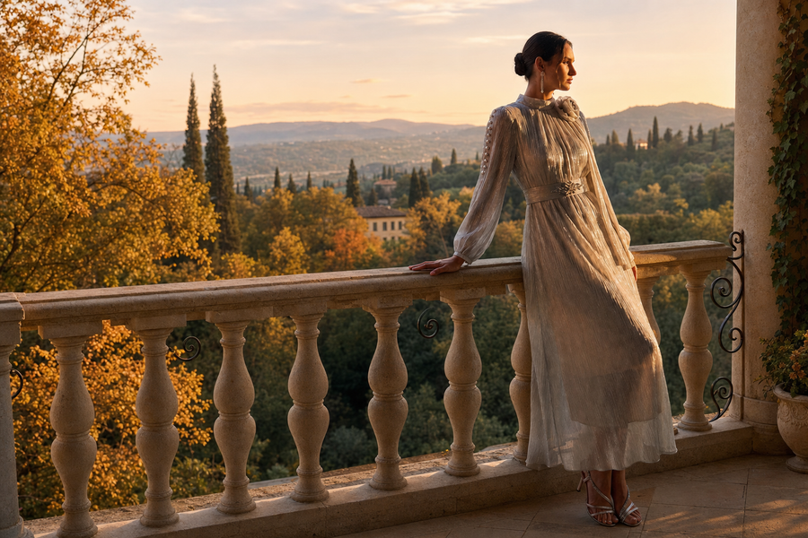 Woman styling a maxi dress with layered pieces for fall