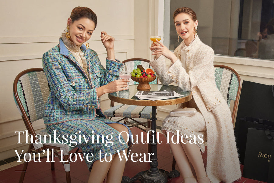A full-body view of the multicolor tweed jacket and skirt styled in a seasonal fall atmosphere, showcasing the jacket’s structured shape and layered woven tones.