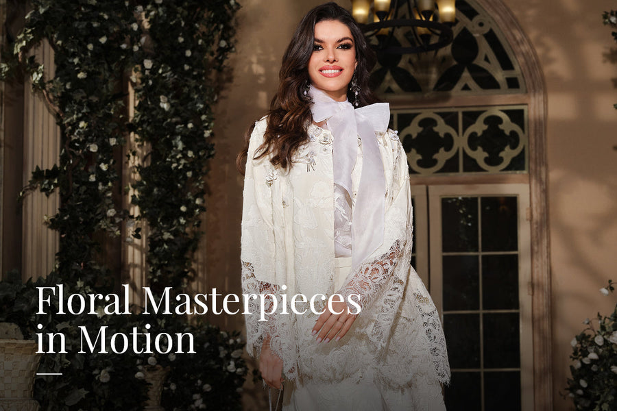 Elegant white lace embroidered outfit with floral details, featuring a sophisticated layered design, perfect for formal events, weddings, or luxury evening wear