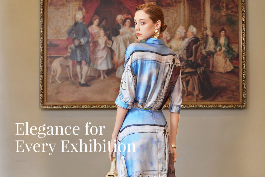Luxury silk printed dress with artistic pattern and elegant silhouette, perfect for gallery visits or formal events, more refined than typical printed dresses