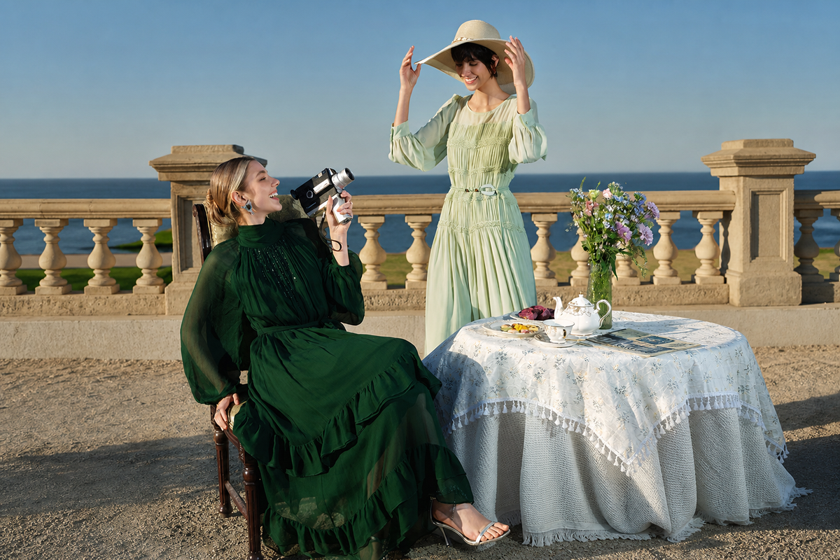 Women in green dresses at outdoor tea party