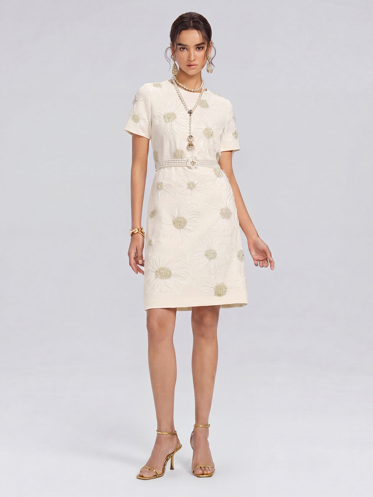 Floral Embroidery Hand-Beaded Dress (Belt Not Included)