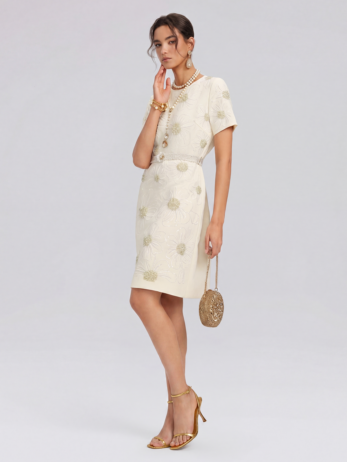 Floral Embroidery Hand-Beaded Dress (Belt Not Included)