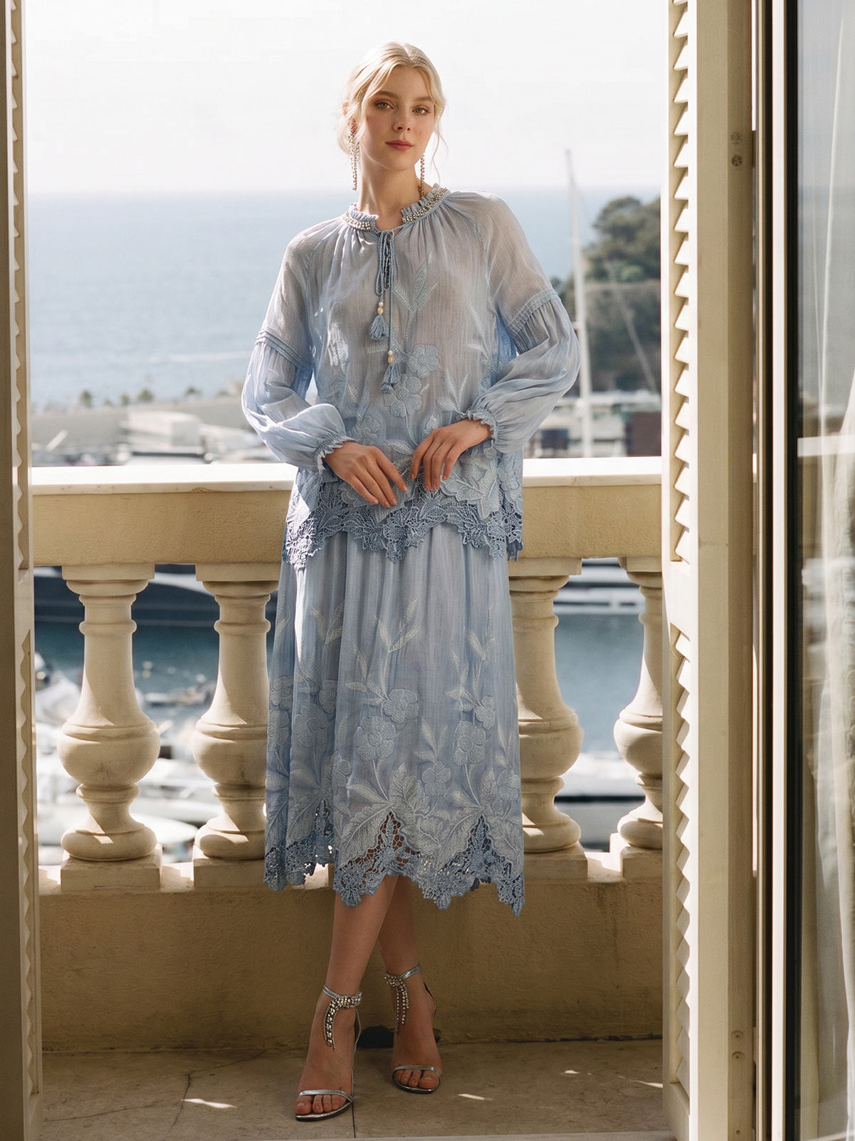 Silk Cotton Embroidered Lace Trim Panel Skirt