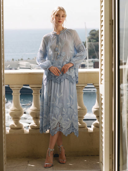 Silk Cotton Embroidered Lace Trim Panel Skirt