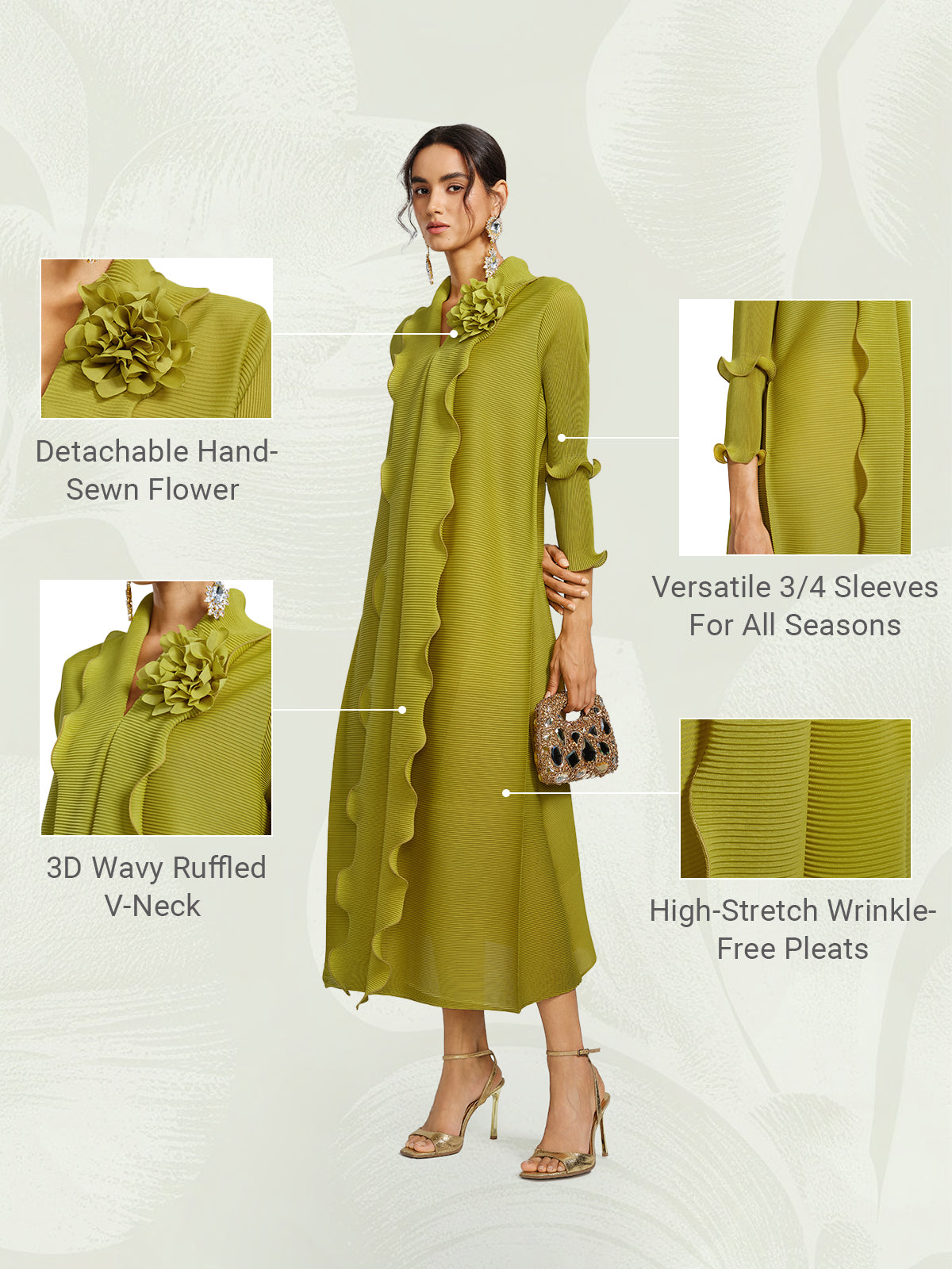 Ruffle Pleated Floral Brooch 3/4-Sleeve Gown
