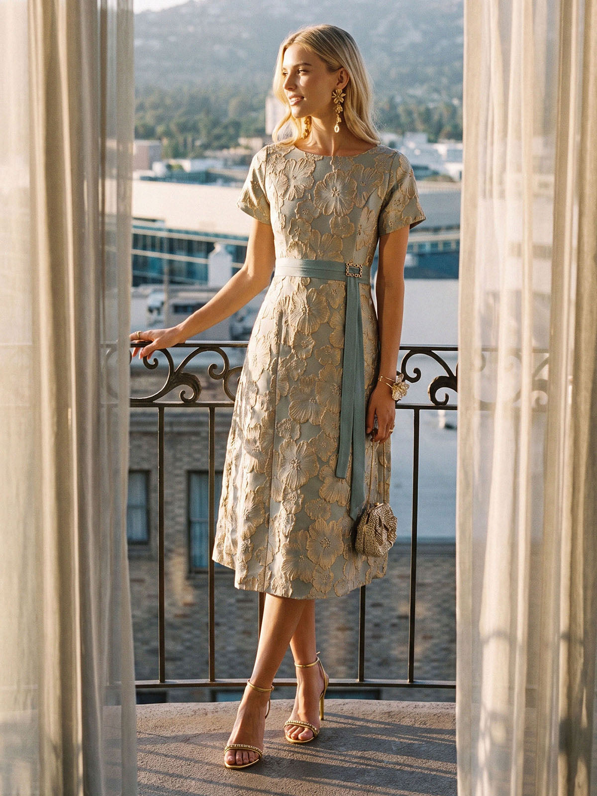 Embossed Jacquard Metallic Floral Dress