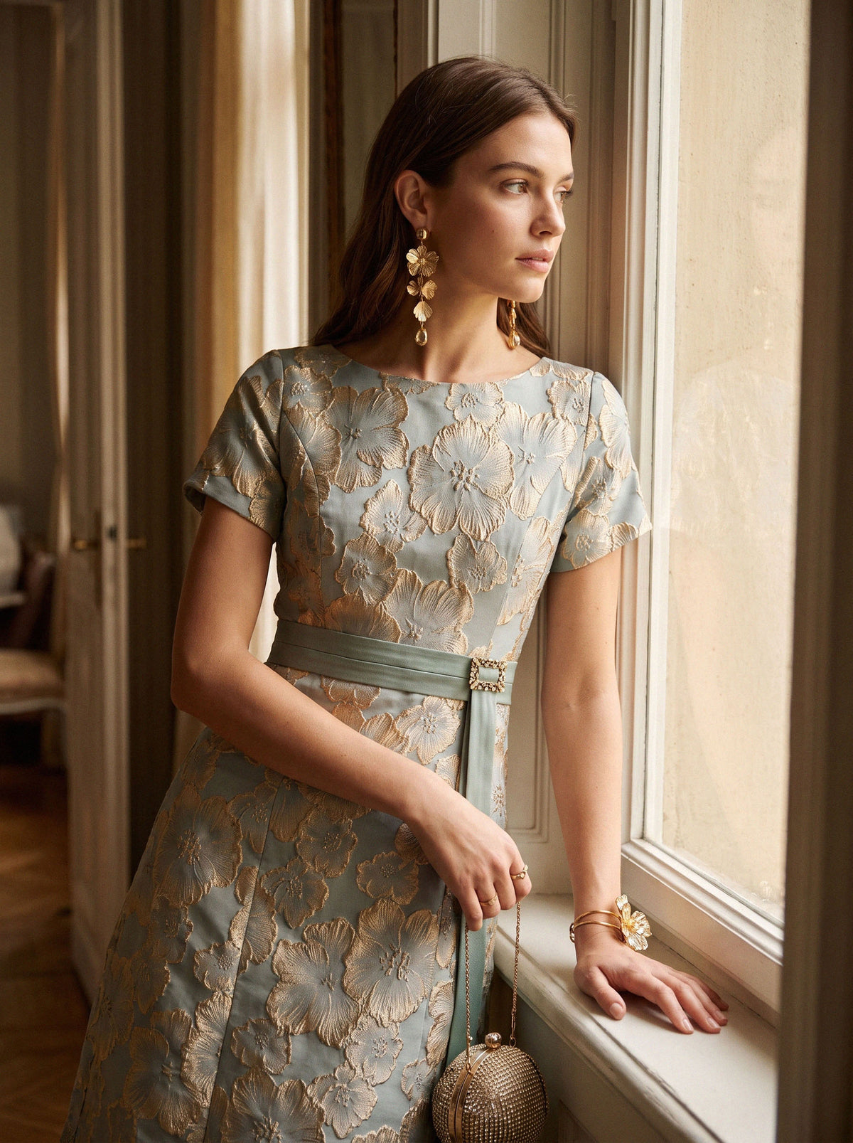 Embossed Jacquard Metallic Floral Dress