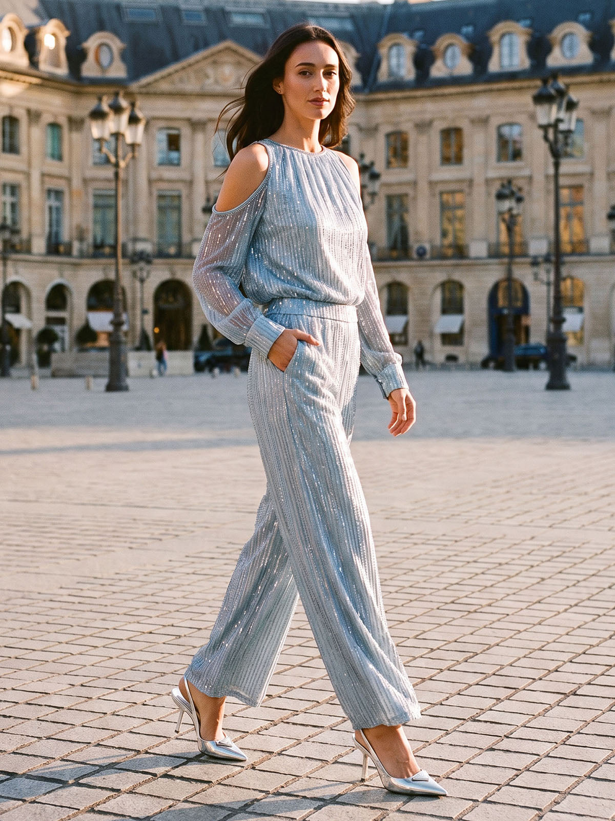 Beaded Mesh High-Waisted Pants