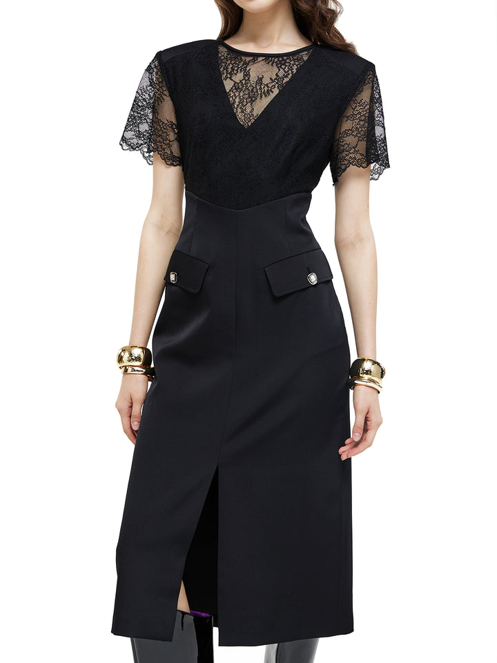Satin Acetate Lace Black Midi Dress