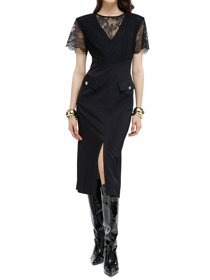Satin Acetate Lace Black Midi Dress
