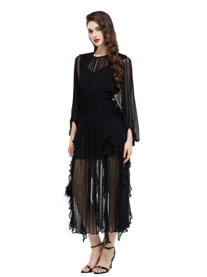 Semi Sheer Silk Ruffle Maxi Dress