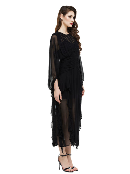 Semi Sheer Silk Ruffle Maxi Dress