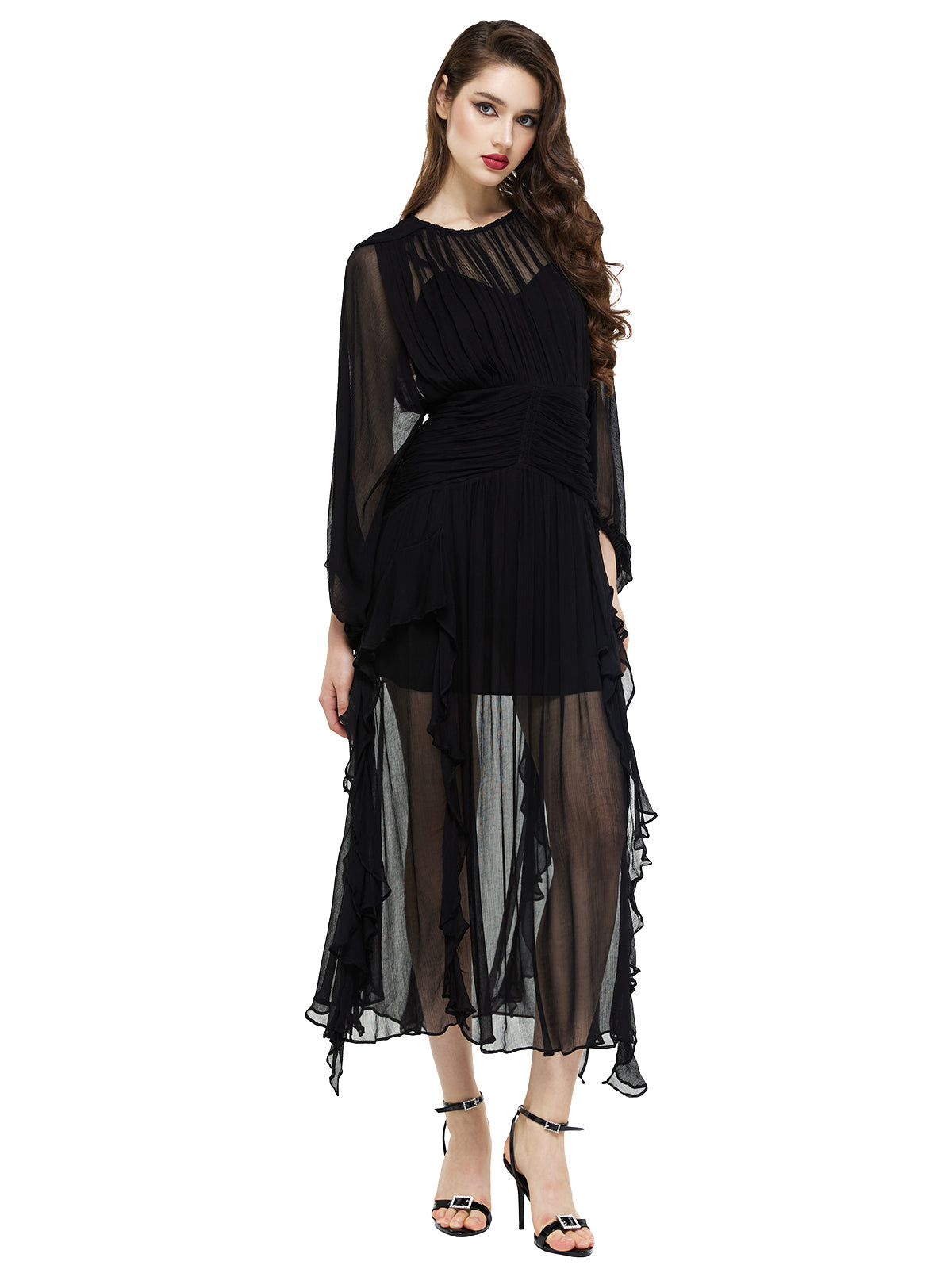 Semi Sheer Silk Ruffle Maxi Dress