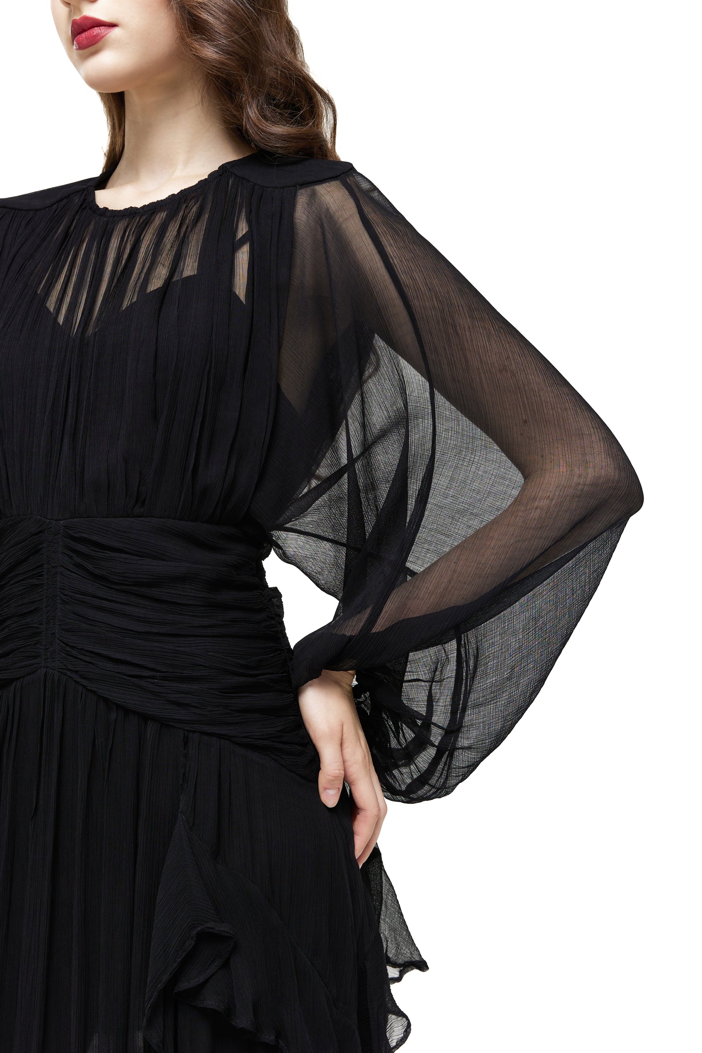 Semi Sheer Silk Ruffle Maxi Dress