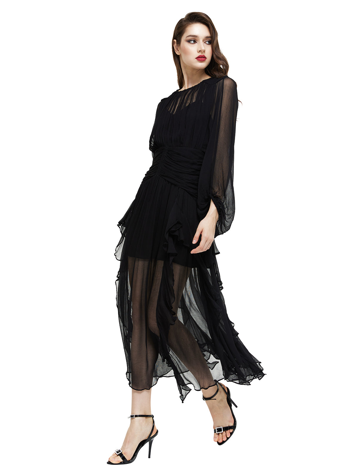 Semi Sheer Silk Ruffle Maxi Dress