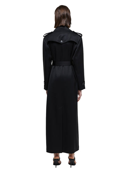 Satin Acetate Maxi Trench Coat in Black