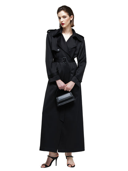 Satin Acetate Maxi Trench Coat in Black