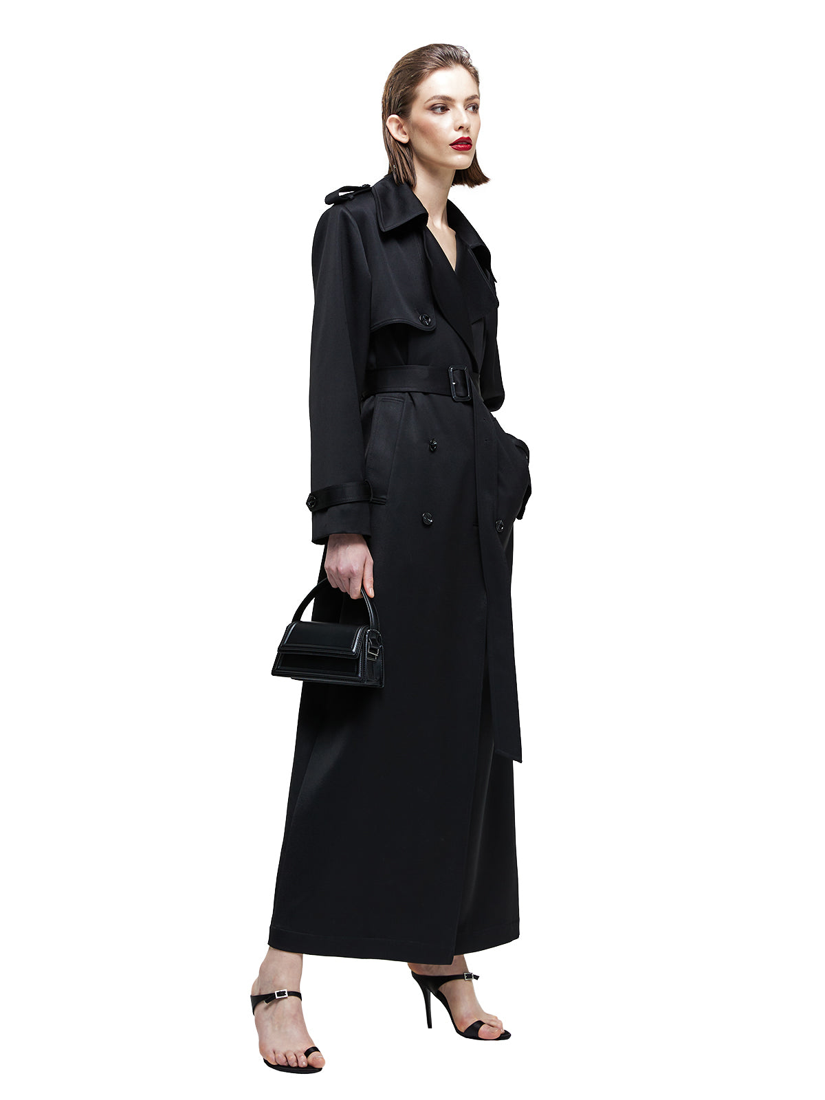 Satin Acetate Maxi Trench Coat in Black