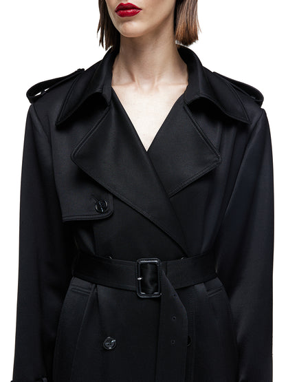 Satin Acetate Maxi Trench Coat in Black