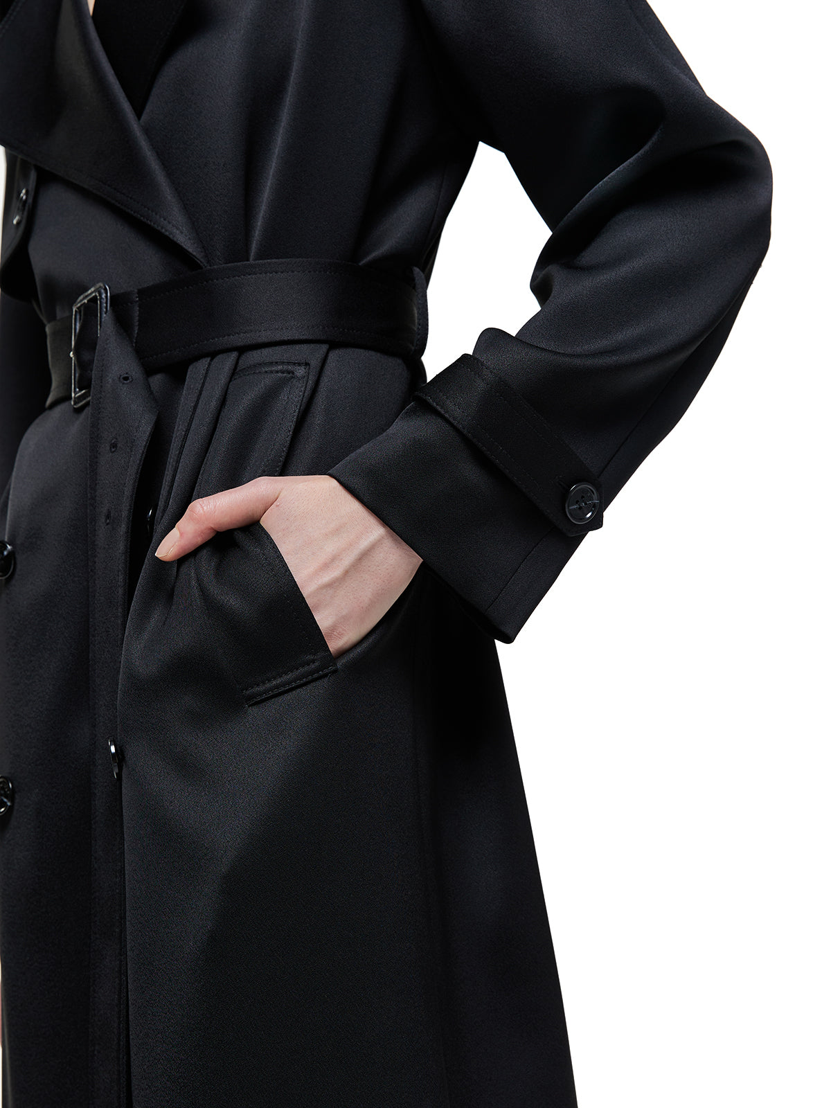 Satin Acetate Maxi Trench Coat in Black