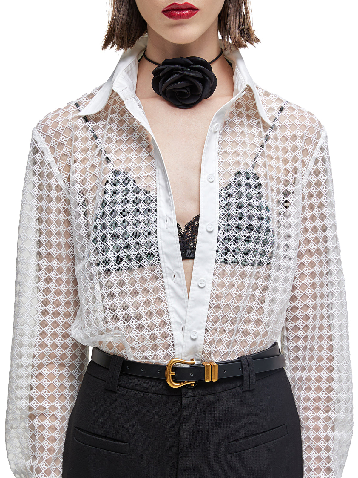 Embroidered Semi Sheer Mesh Plaid Shirt