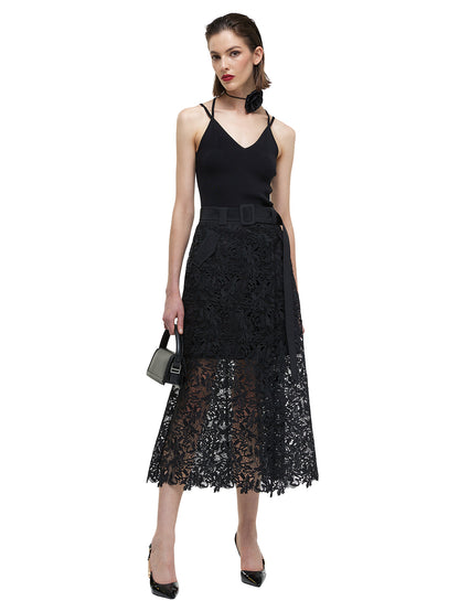 Semi Sheer Lace Midi Cargo Skirt