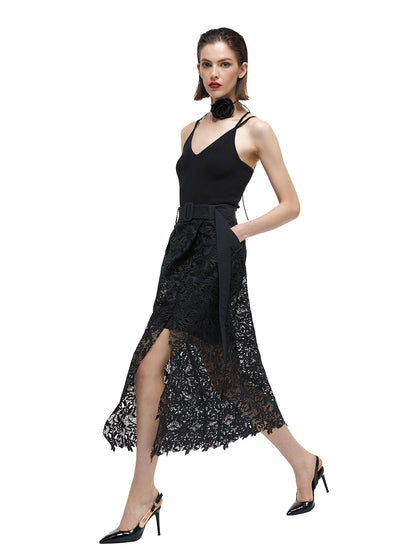 Semi Sheer Lace Midi Cargo Skirt