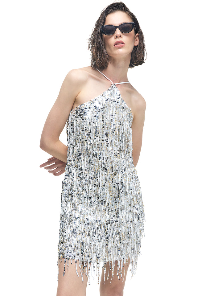 Two-Tone Tassel Sequin Halter Straps Mini Dress