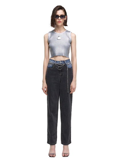 Metal Futuristic Hand-Coated Rib Knit Top