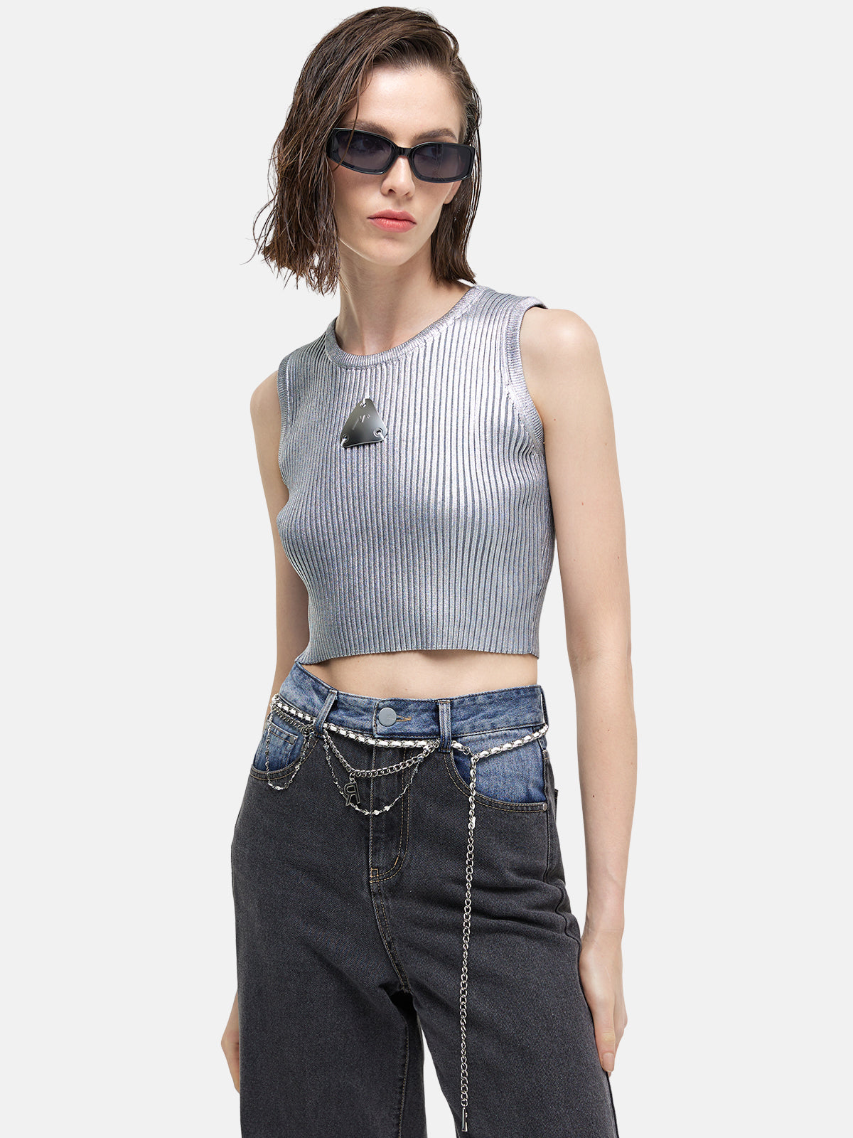 Metal Futuristic Hand-Coated Rib Knit Top