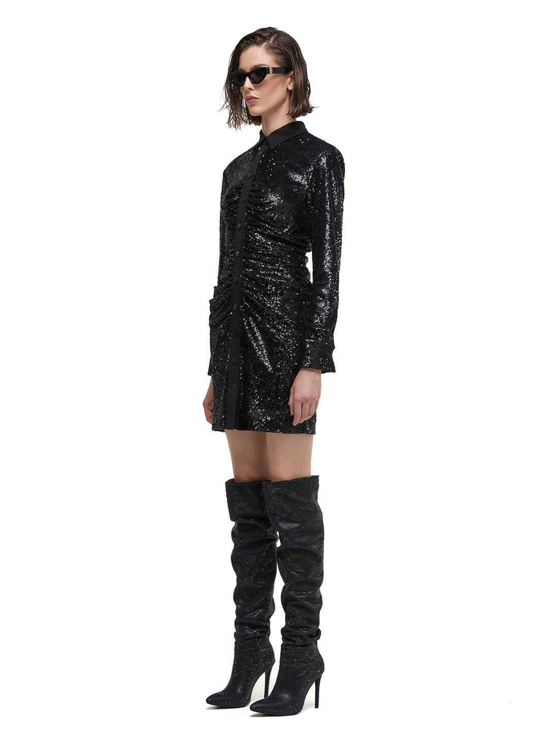 Futuristic Black Sequin Shirt Dress