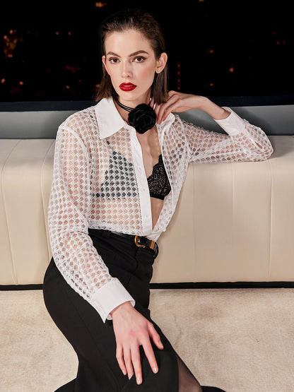 Embroidered Semi Sheer Mesh Plaid Shirt