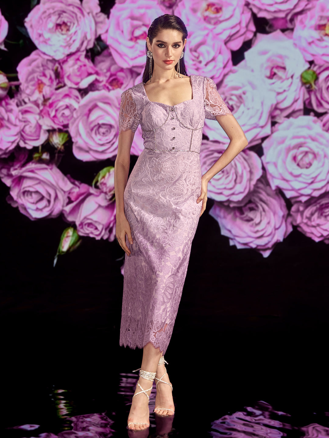 SweetHeart Neck Rhinestone Trim Gradient Lace Maxi Dress