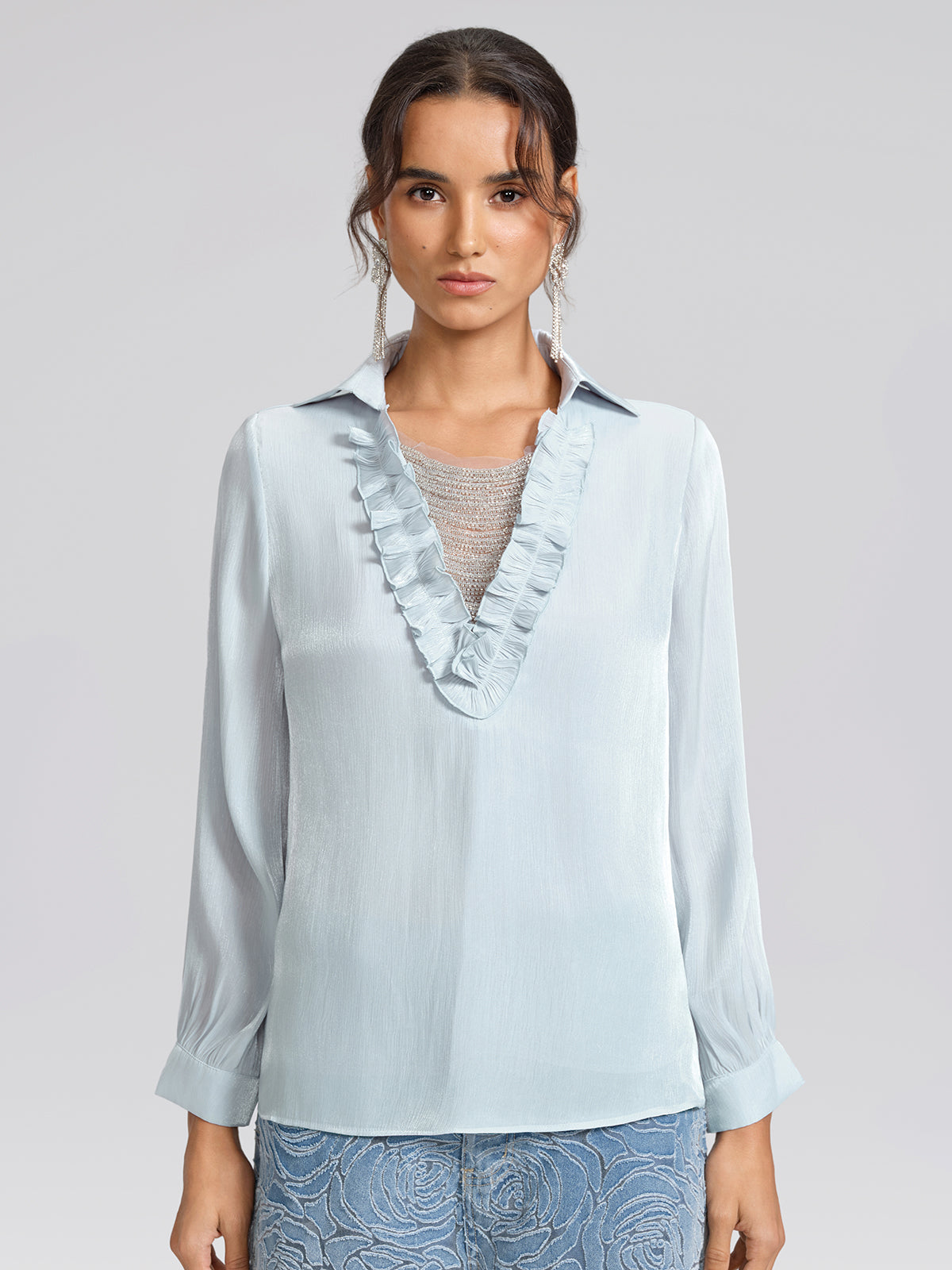 Pearlescent Beaded V-Neck Shirt