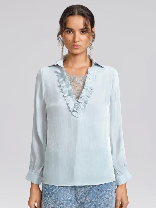 Pearlescent Beaded V-Neck Shirt