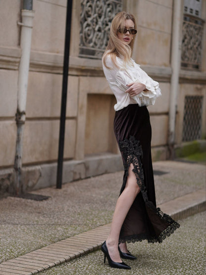 French Lace Velvet Skirt with Slit