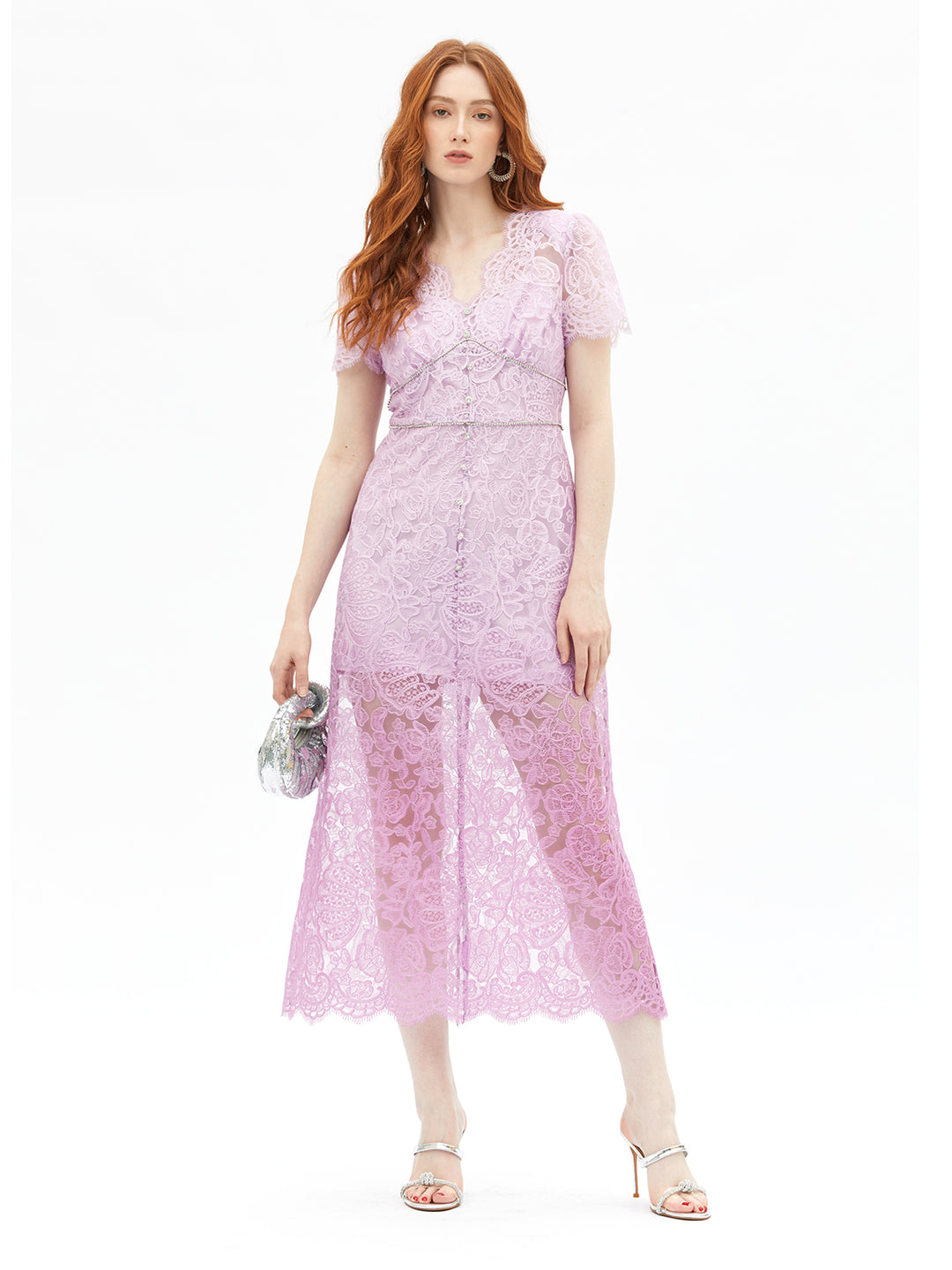 V-Neck Rhinestone Trim Gradient Lace Dress